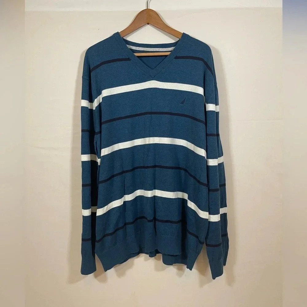Men’s Nautica Blue Striped V-Neck Sweater 100% Cotton Size XXL
